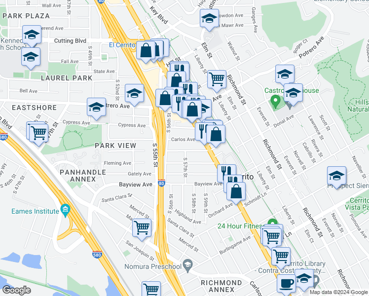 map of restaurants, bars, coffee shops, grocery stores, and more near 5622 Carlos Avenue in Richmond