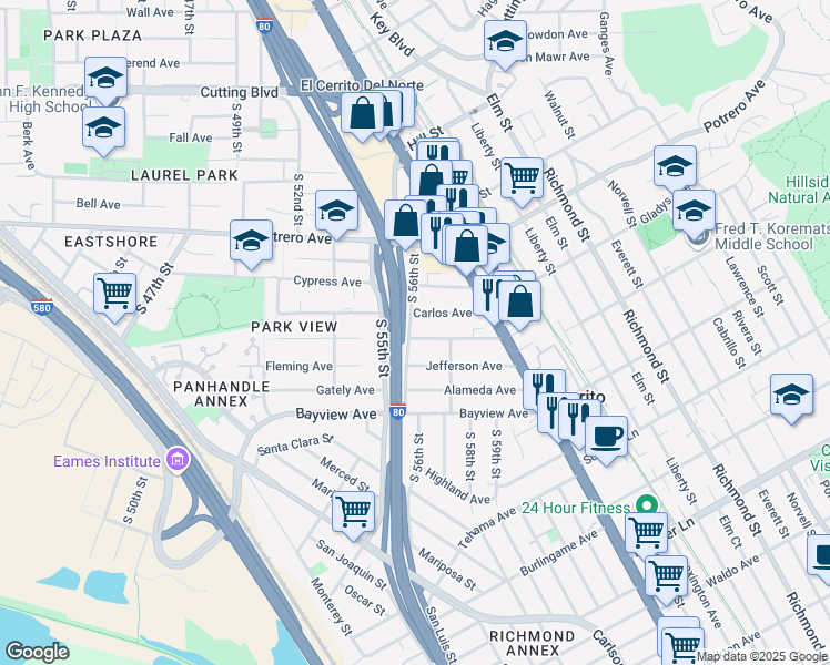 map of restaurants, bars, coffee shops, grocery stores, and more near 5622 Carlos Avenue in Richmond