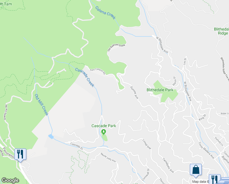 map of restaurants, bars, coffee shops, grocery stores, and more near 3 Walden Lane in Mill Valley