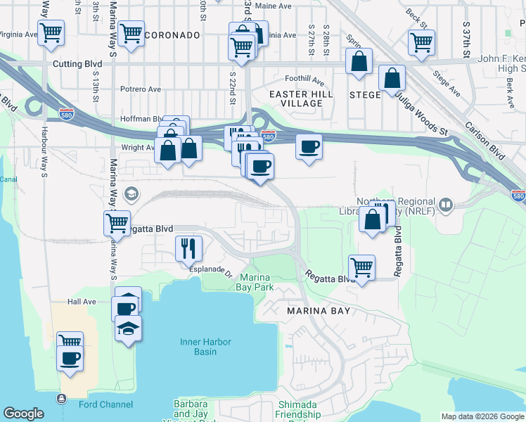 map of restaurants, bars, coffee shops, grocery stores, and more near 2101 Jetty Drive in Richmond