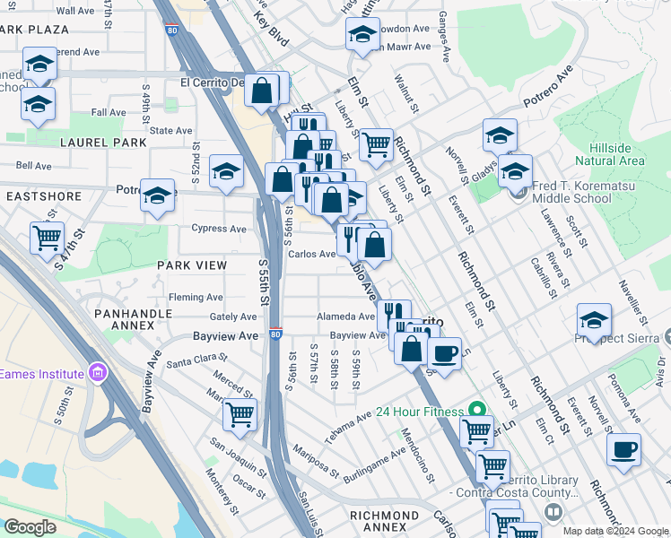 map of restaurants, bars, coffee shops, grocery stores, and more near 5801 Madison Avenue in Richmond