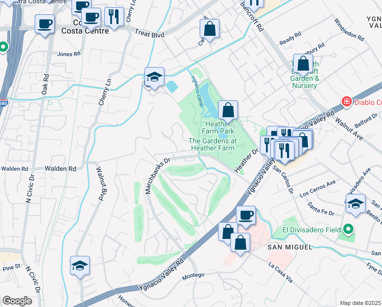 map of restaurants, bars, coffee shops, grocery stores, and more near 1579 Gilboa Drive in Walnut Creek