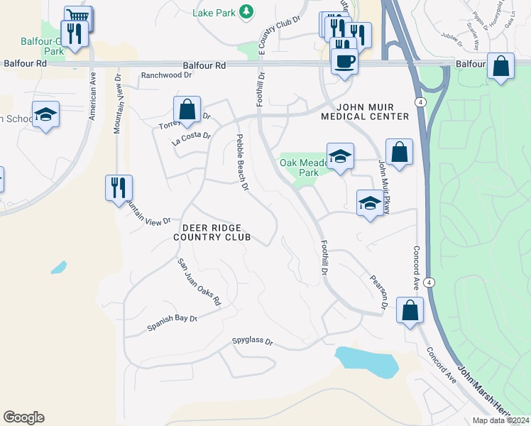 map of restaurants, bars, coffee shops, grocery stores, and more near 351 Pebble Beach Drive in Brentwood