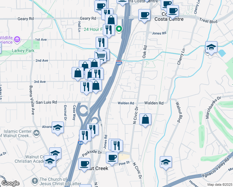 map of restaurants, bars, coffee shops, grocery stores, and more near 2548 Jones Road in Walnut Creek