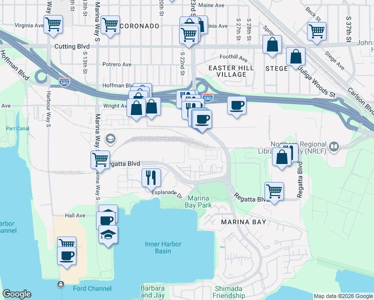 map of restaurants, bars, coffee shops, grocery stores, and more near 1501 Jetty Drive in Richmond