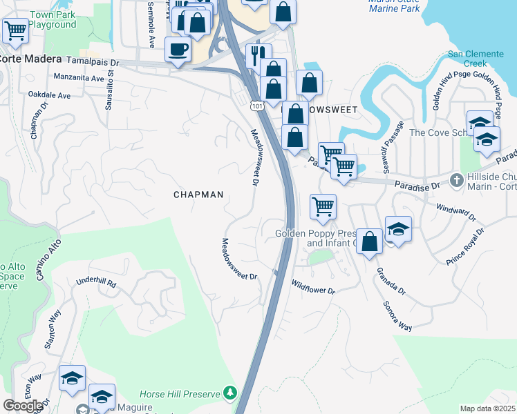 map of restaurants, bars, coffee shops, grocery stores, and more near 1495 Casa Buena Drive in Corte Madera