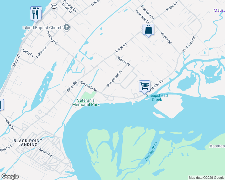 map of restaurants, bars, coffee shops, grocery stores, and more near 4093 Grand Bay Court in Chincoteague