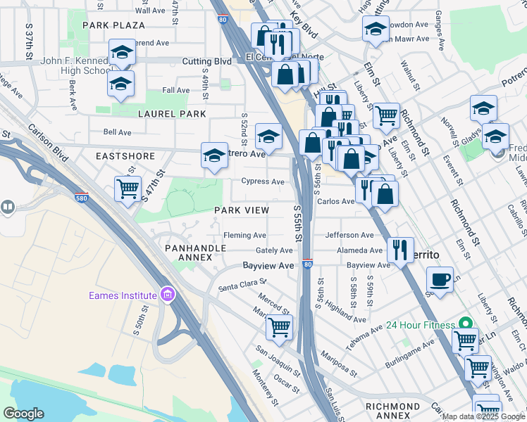 map of restaurants, bars, coffee shops, grocery stores, and more near 1023 Campbell Street in Richmond