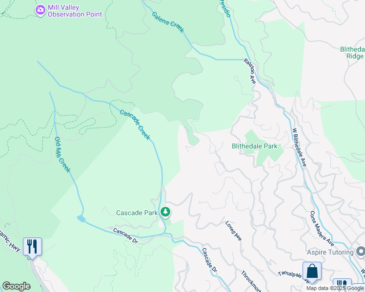 map of restaurants, bars, coffee shops, grocery stores, and more near 3 Walden Lane in Mill Valley
