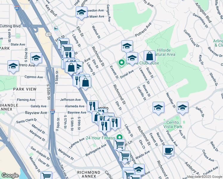 map of restaurants, bars, coffee shops, grocery stores, and more near 1330 Elm Street in El Cerrito
