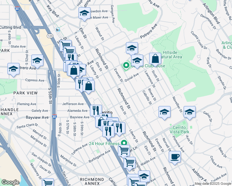 map of restaurants, bars, coffee shops, grocery stores, and more near 1330 Elm Street in El Cerrito