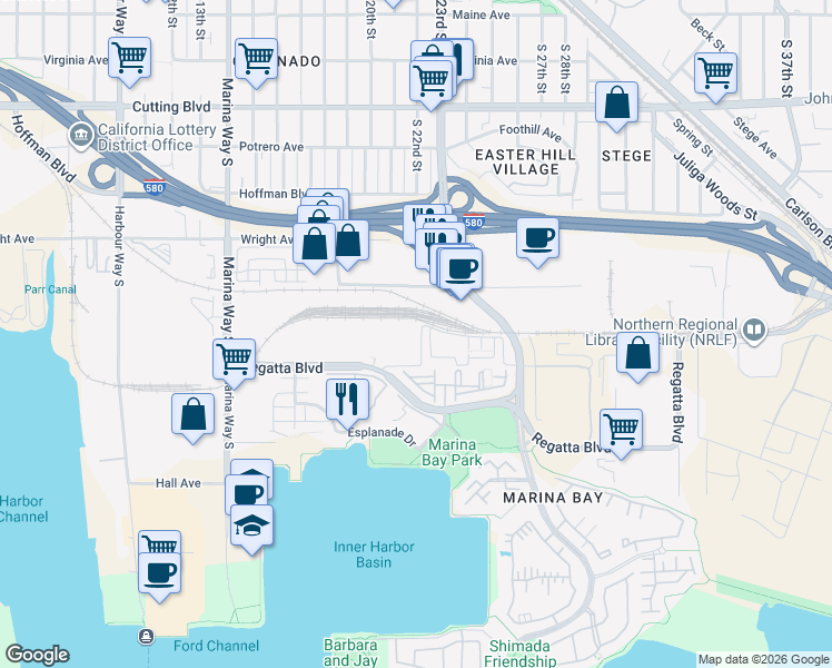 map of restaurants, bars, coffee shops, grocery stores, and more near 605 Jetty Drive in Richmond