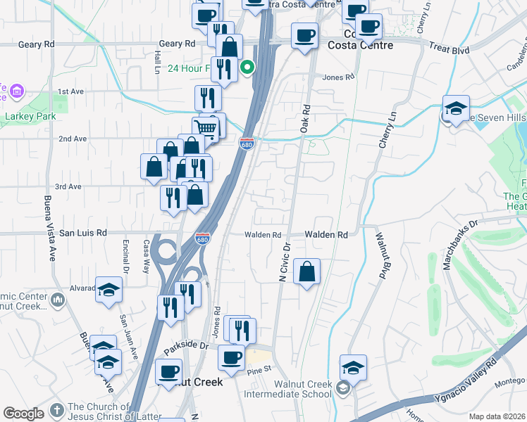 map of restaurants, bars, coffee shops, grocery stores, and more near 310 El Paseo Circle in Walnut Creek