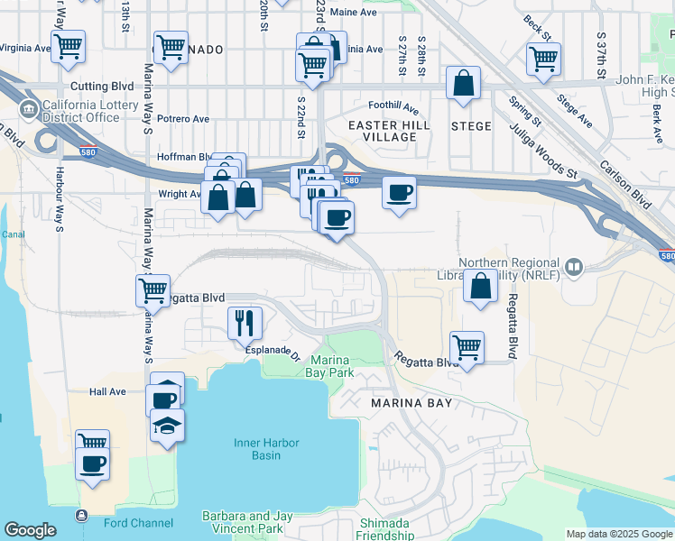 map of restaurants, bars, coffee shops, grocery stores, and more near 1501 Jetty Drive in Richmond