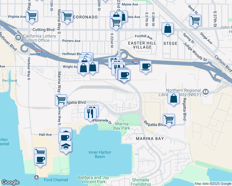 map of restaurants, bars, coffee shops, grocery stores, and more near 1302 Maritime Way in Richmond