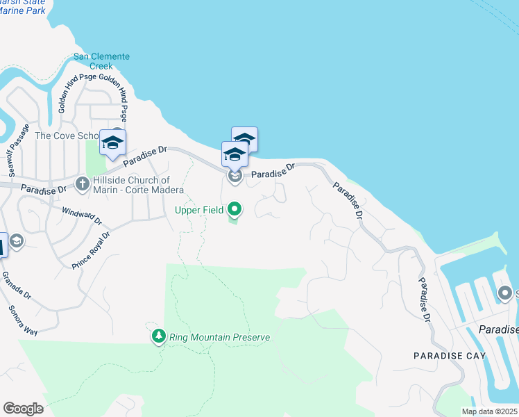 map of restaurants, bars, coffee shops, grocery stores, and more near 524 Robin Drive in Corte Madera