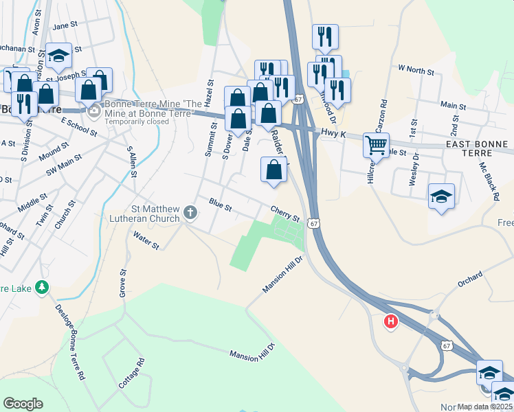 map of restaurants, bars, coffee shops, grocery stores, and more near 1234 Cherry Street in Bonne Terre