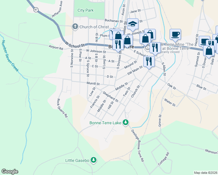 map of restaurants, bars, coffee shops, grocery stores, and more near 151 Middle Street in Bonne Terre