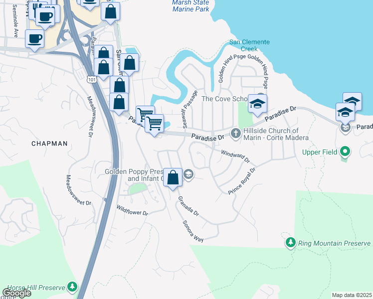 map of restaurants, bars, coffee shops, grocery stores, and more near 52 Mariner Green Drive in Corte Madera