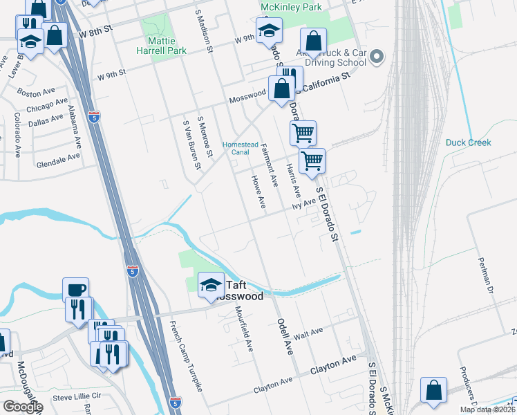 map of restaurants, bars, coffee shops, grocery stores, and more near 3035 Howe Avenue in Stockton