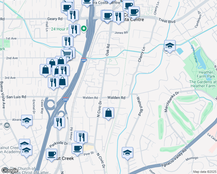 map of restaurants, bars, coffee shops, grocery stores, and more near 2550 Oak Road in Walnut Creek