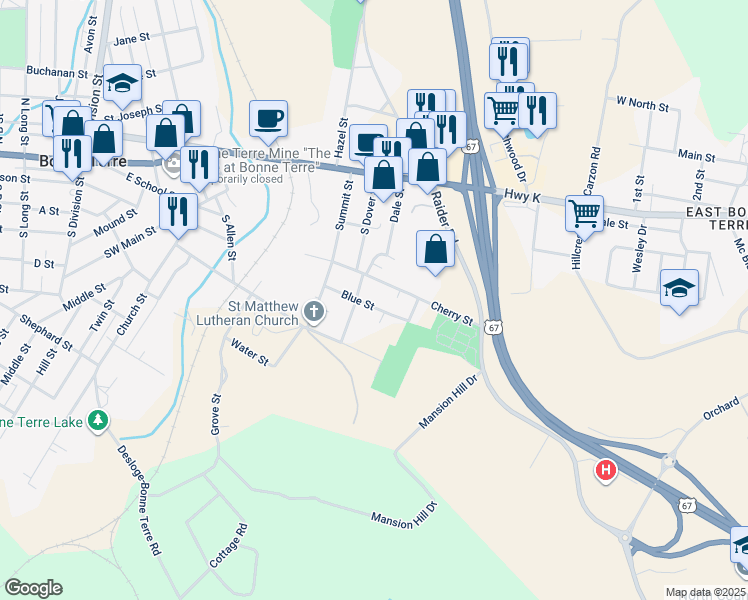 map of restaurants, bars, coffee shops, grocery stores, and more near 820 Blue Street in Bonne Terre