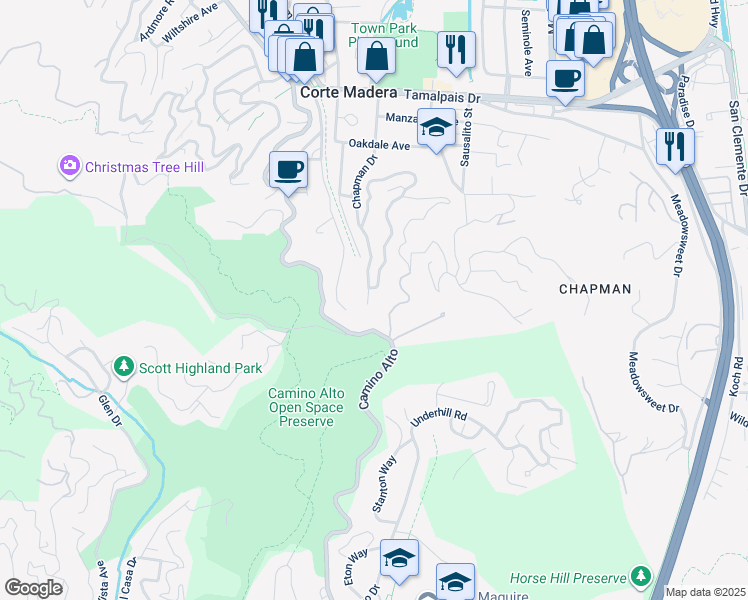 map of restaurants, bars, coffee shops, grocery stores, and more near 101 Stetson Avenue in Corte Madera