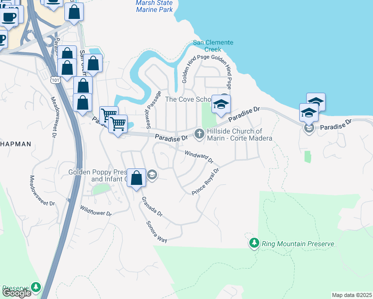 map of restaurants, bars, coffee shops, grocery stores, and more near 9 Windward Drive in Corte Madera