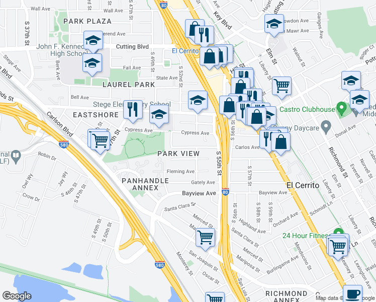 map of restaurants, bars, coffee shops, grocery stores, and more near 5216 Creely Avenue in Richmond