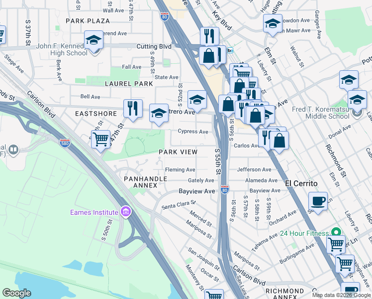 map of restaurants, bars, coffee shops, grocery stores, and more near 5212 Creely Avenue in Richmond