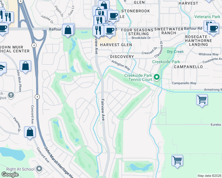 map of restaurants, bars, coffee shops, grocery stores, and more near 399 Earlham Way in Brentwood