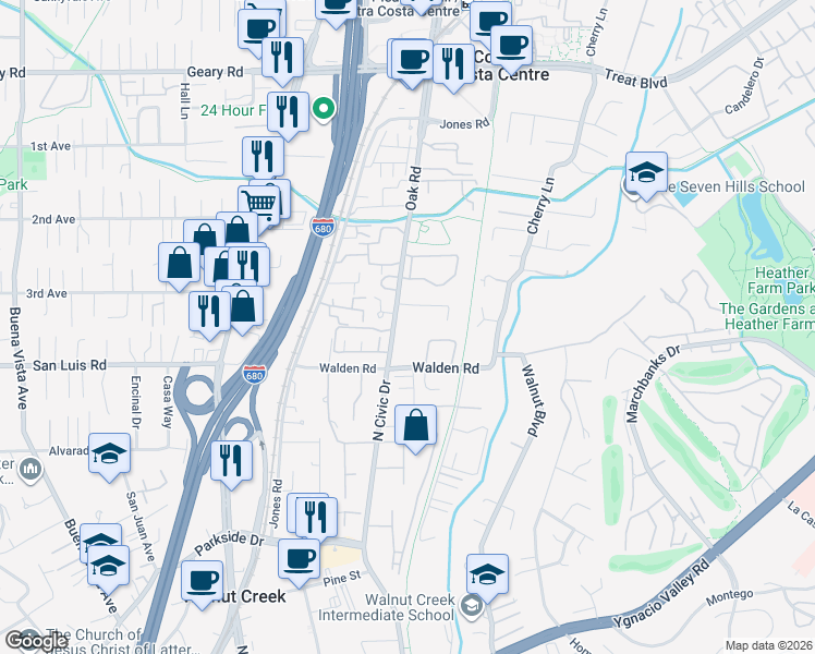 map of restaurants, bars, coffee shops, grocery stores, and more near 2550 Oak Road in Walnut Creek