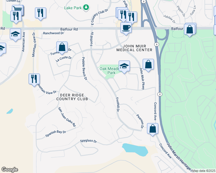 map of restaurants, bars, coffee shops, grocery stores, and more near 333 Foothill Drive in Brentwood