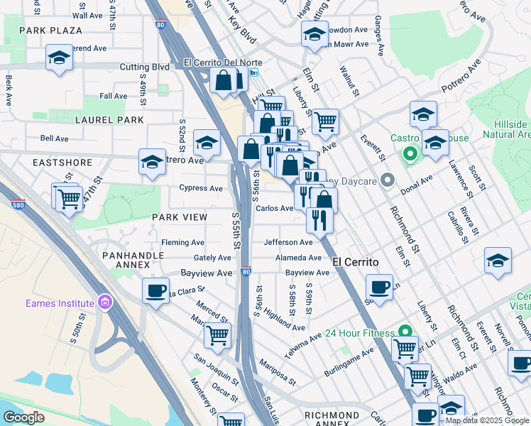map of restaurants, bars, coffee shops, grocery stores, and more near 5610 Carlos Avenue in Richmond