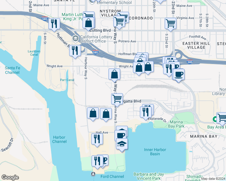 map of restaurants, bars, coffee shops, grocery stores, and more near 971 Marina Way South in Richmond