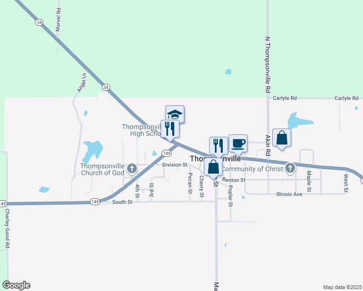map of restaurants, bars, coffee shops, grocery stores, and more near 21165 Shawneetown Road in Thompsonville