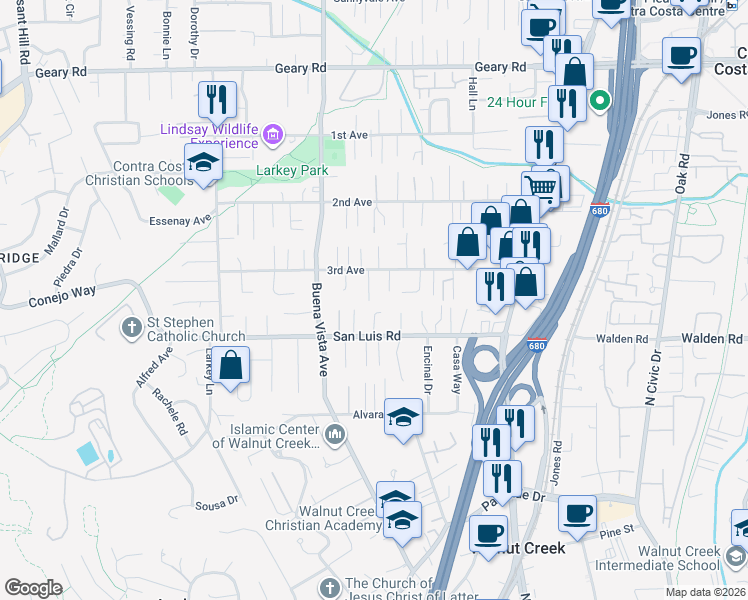 map of restaurants, bars, coffee shops, grocery stores, and more near 38 Cameo Court in Walnut Creek