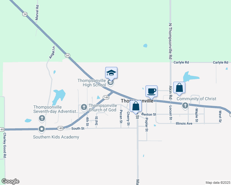 map of restaurants, bars, coffee shops, grocery stores, and more near 21165 Shawneetown Road in Thompsonville