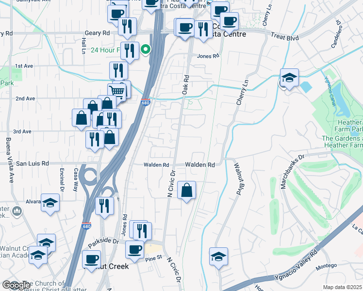 map of restaurants, bars, coffee shops, grocery stores, and more near 2550 Oak Road in Walnut Creek