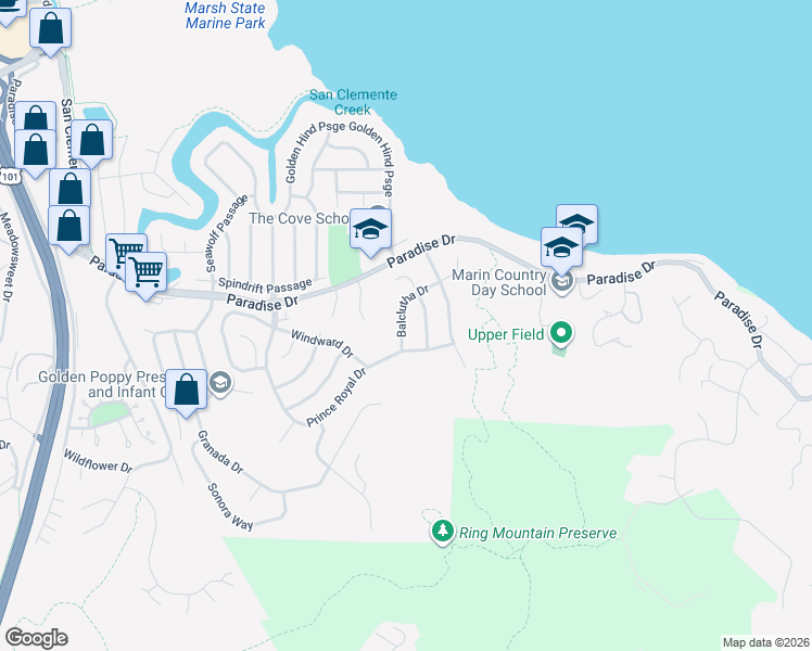 map of restaurants, bars, coffee shops, grocery stores, and more near 12 Balclutha Drive in Corte Madera