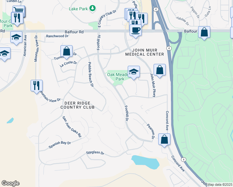 map of restaurants, bars, coffee shops, grocery stores, and more near 333 Foothill Drive in Brentwood
