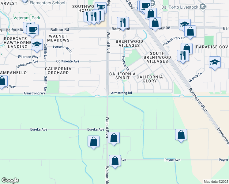 map of restaurants, bars, coffee shops, grocery stores, and more near 4568 Poe Court in Brentwood