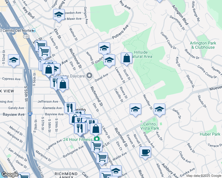 map of restaurants, bars, coffee shops, grocery stores, and more near 7007 Manila Avenue in El Cerrito