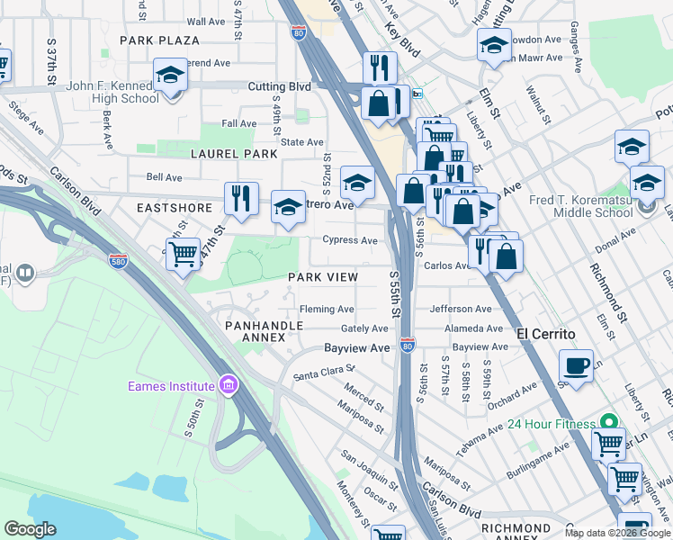 map of restaurants, bars, coffee shops, grocery stores, and more near 5212 Creely Avenue in Richmond