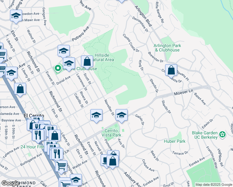 map of restaurants, bars, coffee shops, grocery stores, and more near 7500 Schmidt Lane in El Cerrito