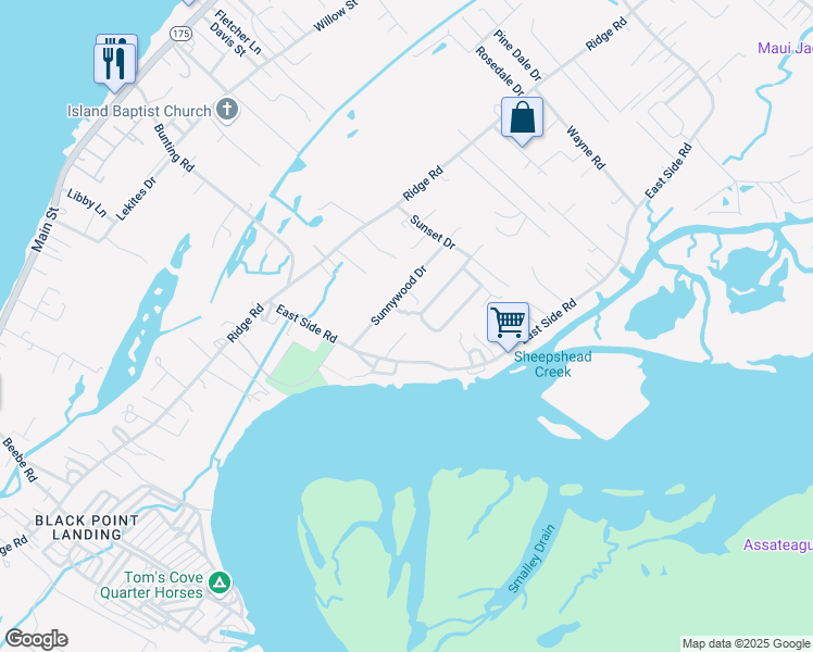 map of restaurants, bars, coffee shops, grocery stores, and more near 4093 Grand Bay Court in Chincoteague