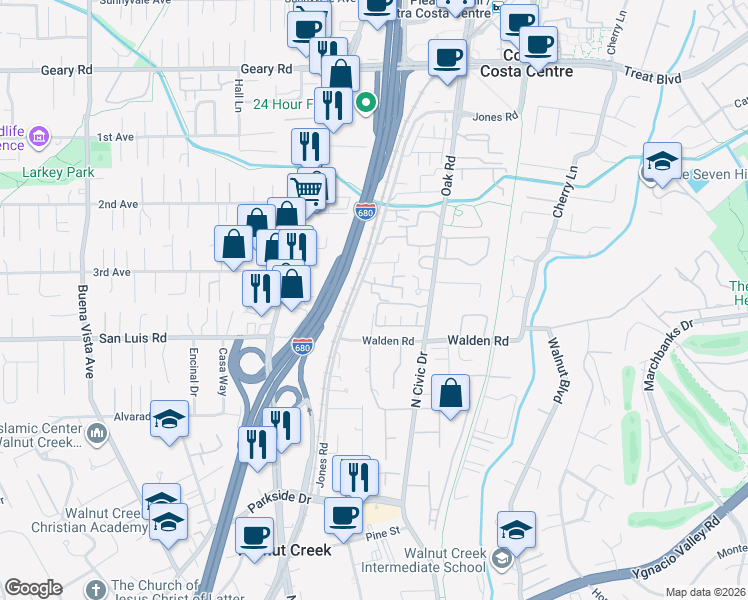map of restaurants, bars, coffee shops, grocery stores, and more near 310 El Paseo Circle in Walnut Creek