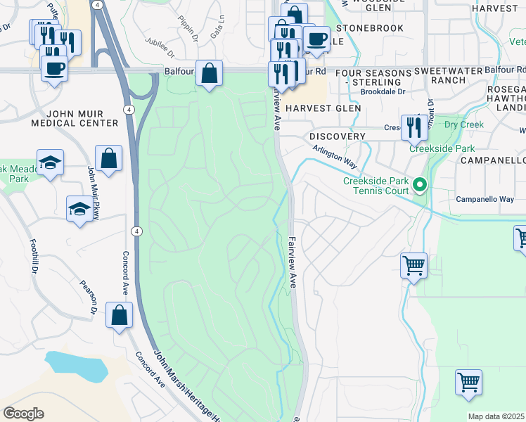 map of restaurants, bars, coffee shops, grocery stores, and more near 346 Gladstone Drive in Brentwood