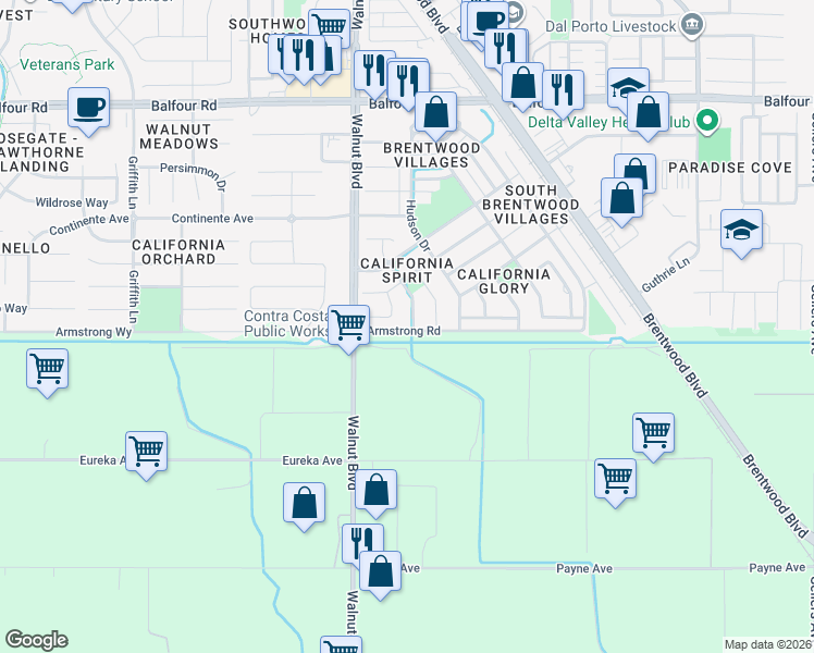 map of restaurants, bars, coffee shops, grocery stores, and more near 3014 Wright Way in Brentwood