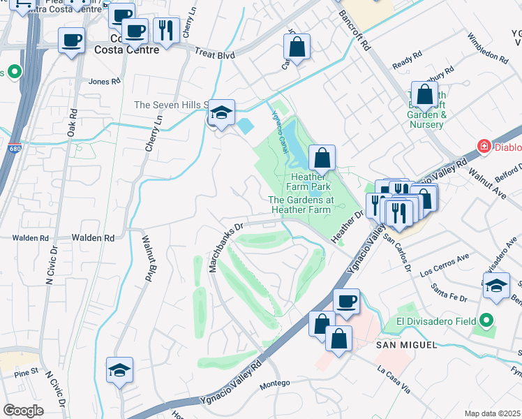 map of restaurants, bars, coffee shops, grocery stores, and more near 1560 Gilboa Drive in Walnut Creek